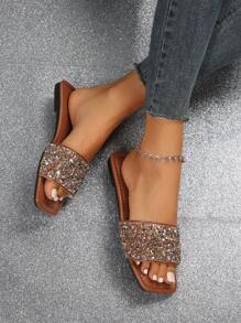 Women's Large Size Flat Sandals, Summer Slippers With Rhinestone Decoration, Beach Shoes - Gold - View 7