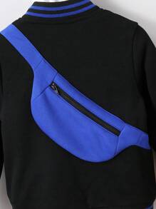 Young Boy Letter Graphic Striped Trim Jacket Without Hoodie - Black - View 6