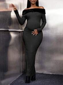 SHEIN Maternity Off Shoulder Fuzzy Trim Bodycon Dress - Brown - View 5