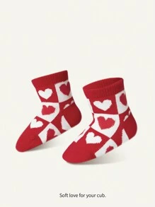 Cozy Pixies 3 雙/包紅白心型印花基本款嬰兒襪 - 紅白色 - 查看 2