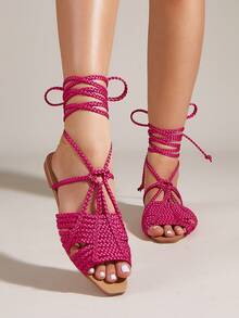 Ladies' Pink Flat Sandals, Braided Strap With Random Woven Pattern - Hot Pink - View 4