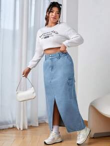 SHEIN EZwear Plus Flap Pocket Denim Skirt - Medium Wash - View 5