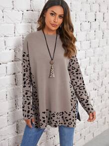 EMERY ROSE Leopard Pattern Drop Shoulder Split Hem Sweater - Multicolor - View 3