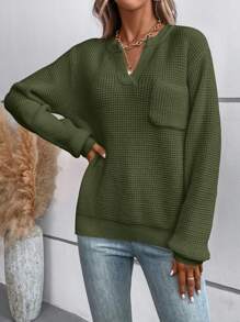 SHEIN LUNE Notched Neck Pocket Patched Drop Shoulder Sweater - Army Green - View 6