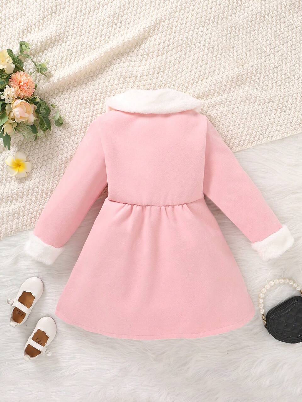 Young Girl Contrast Borg Collar Overcoat & Hat Autumn Fall
