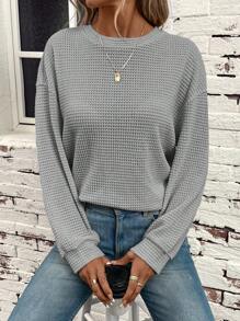 SHEIN LUNE 素色落肩袖華夫格編織運動衫 - 霧霾藍 - 查看 5