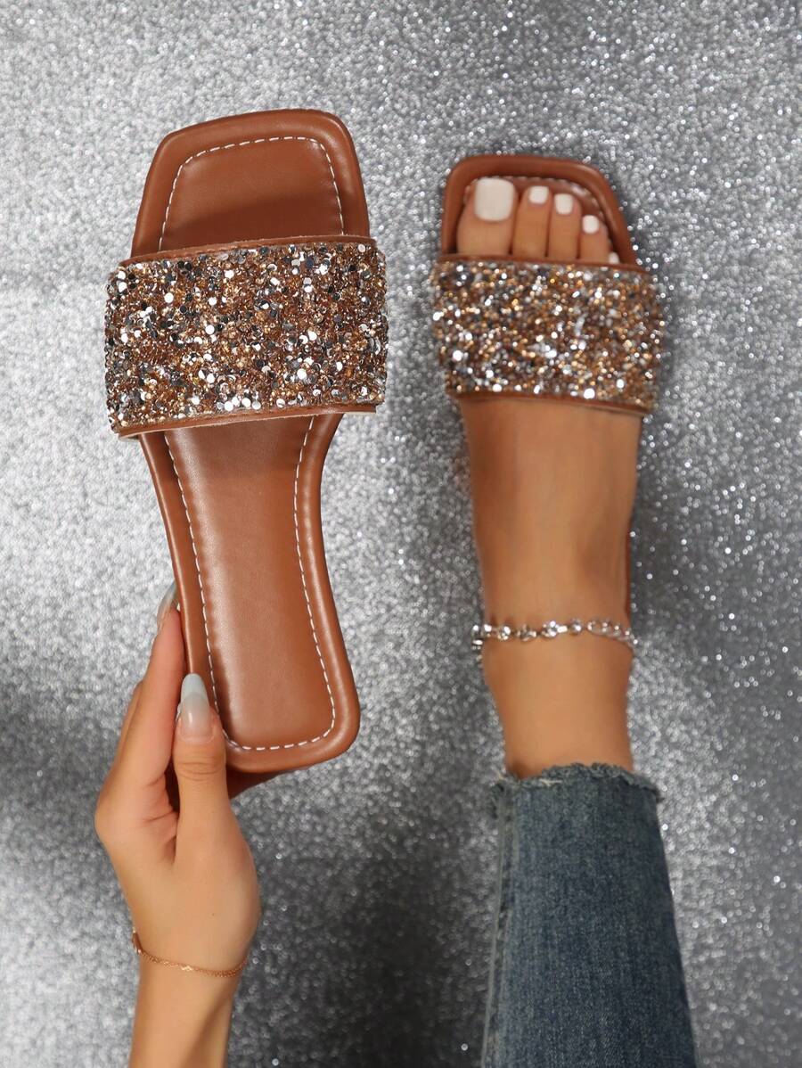 Women's Large Size Flat Sandals, Summer Slippers With Rhinestone Decoration, Beach Shoes