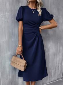 SHEIN Clasi Solid Ruched Puff Sleeve A-line Dress - Navy Blue - View 3