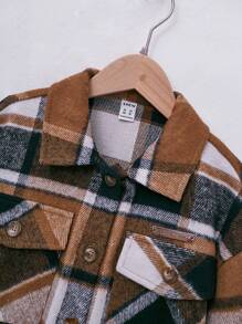 SHEIN Tween Girl Plaid Flap Pocket Drop Shoulder Overcoat