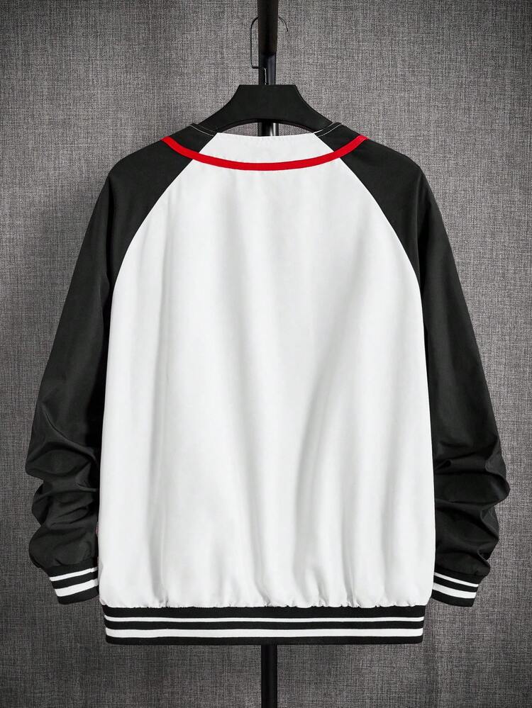 Oversized Men's Letter Graphic Striped Trim Raglan Sleeve Varsity Jacket, For Fall Winter
