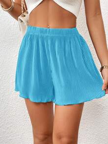 SHEIN Essnce Solid Lettuce Trim Shorts - Blue - View 6