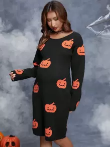 Váy len bó sát họa tiết bí ngô Halloween cho bà bầu, dành cho mùa đông - màu đen - Xem 5