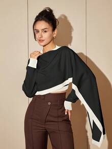 女士拼布撞色长袖圆领时尚短款针织毛衣 - 黑色 - 查看 6