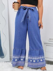 SHEIN LUNE Plus Floral Print Ruffle Hem Belted Wide Leg Jeans - Medium Wash - View 4