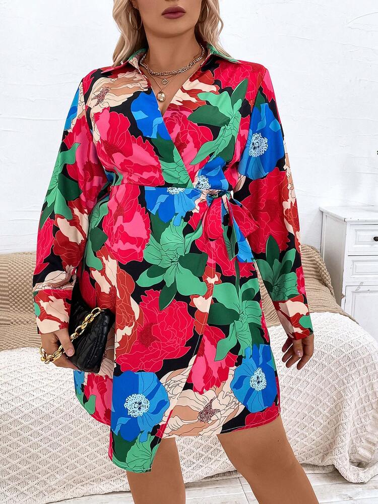 Plus Floral Print Knot Side Wrap Dress