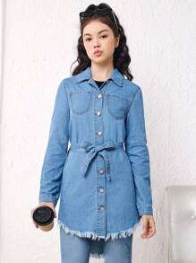 Teen Girl Raw Hem Belted Denim Shirt Dress - Medium Wash - View 4