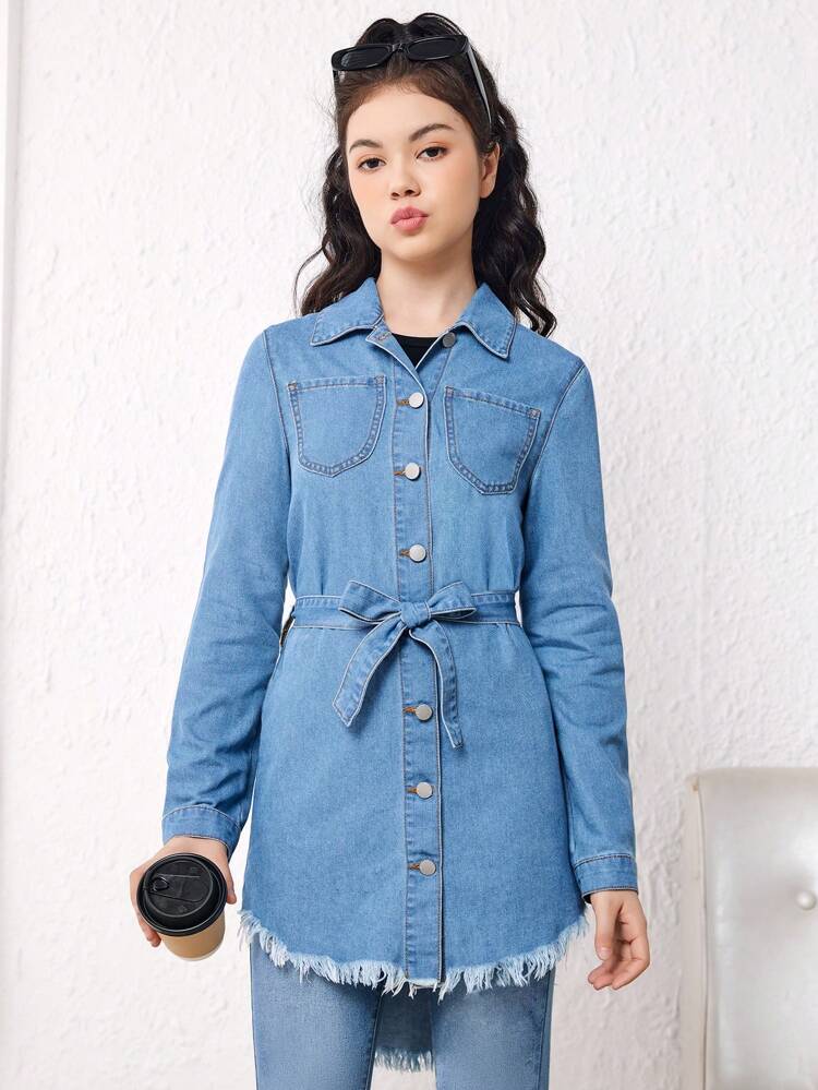 Teen Girl Raw Hem Belted Denim Shirt Dress
