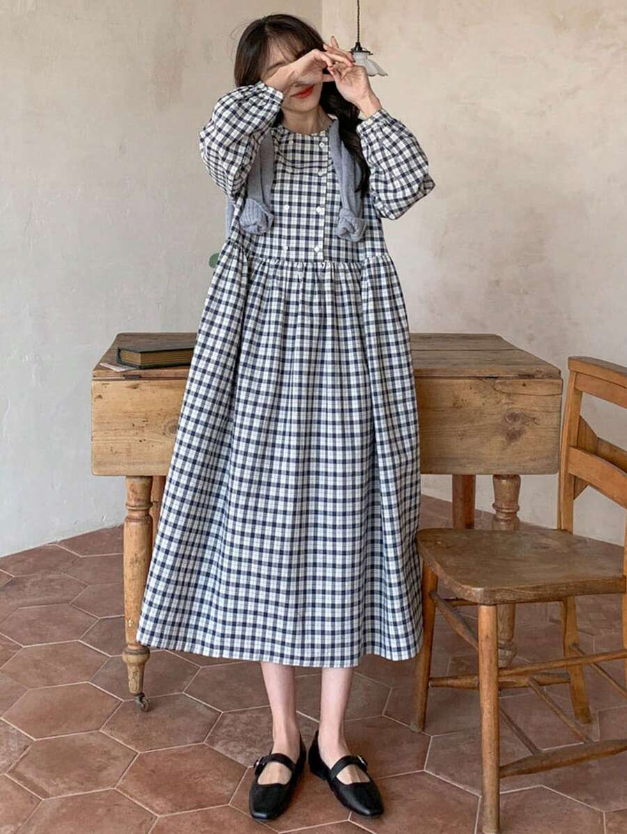 DAZY Vestido smock de guingán ribete con fruncido - Negro - Ver 1