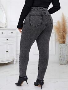 SHEIN Essnce Hơn Nút Bay Quần jean ôm - màu đen - Xem 2