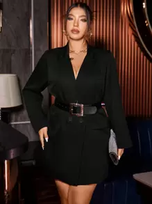 Cravure Plus Double Breasted Flap Detail Coat Without Belt - Black - View 1