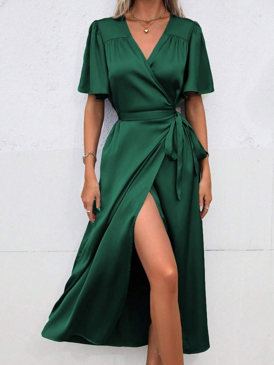 SHEIN Clasi Butterfly Sleeve Knot Side Wrap Satin Dress | SHEIN USA
