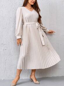 SHEIN Clasi Plus Lantern Sleeve Pleated Hem Belted Dress - Apricot - View 6