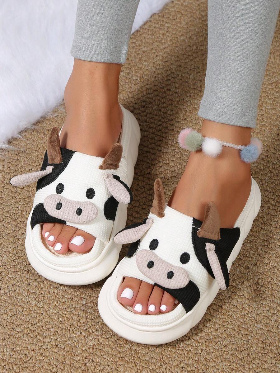 Chanclas de casa de mujeres creativo vaca temático - Blanco y Negro - Ver 1