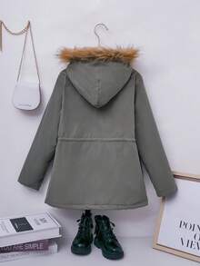 SHEIN 女大童抽繩腰部毛絨飾邊連帽保暖襯里外套 - 軍綠色 - 查看 2