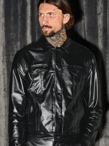 GENTILAND 男士拉鏈開襟PU皮革夾克&喇叭褲 - 黑色 - 查看 5