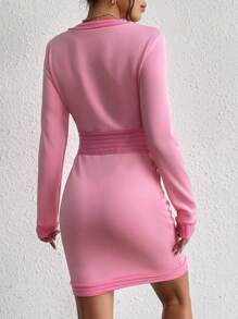 Chiquease Contrast Trim Button Front Bodycon Dress - Pink - View 2