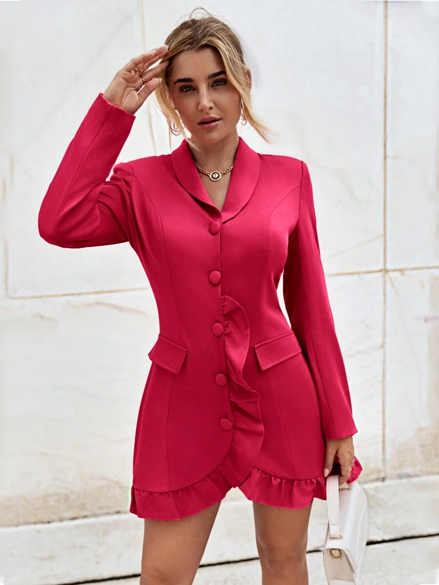SHEIN Privé 青果領荷葉邊下擺鈕扣前荷葉邊洋裝