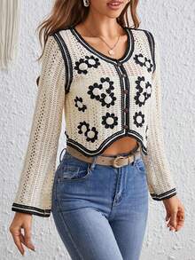 SHEIN VCAY Floral Pattern Pointelle Knit Contrast Trim Crop Cardigan - Apricot - View 4