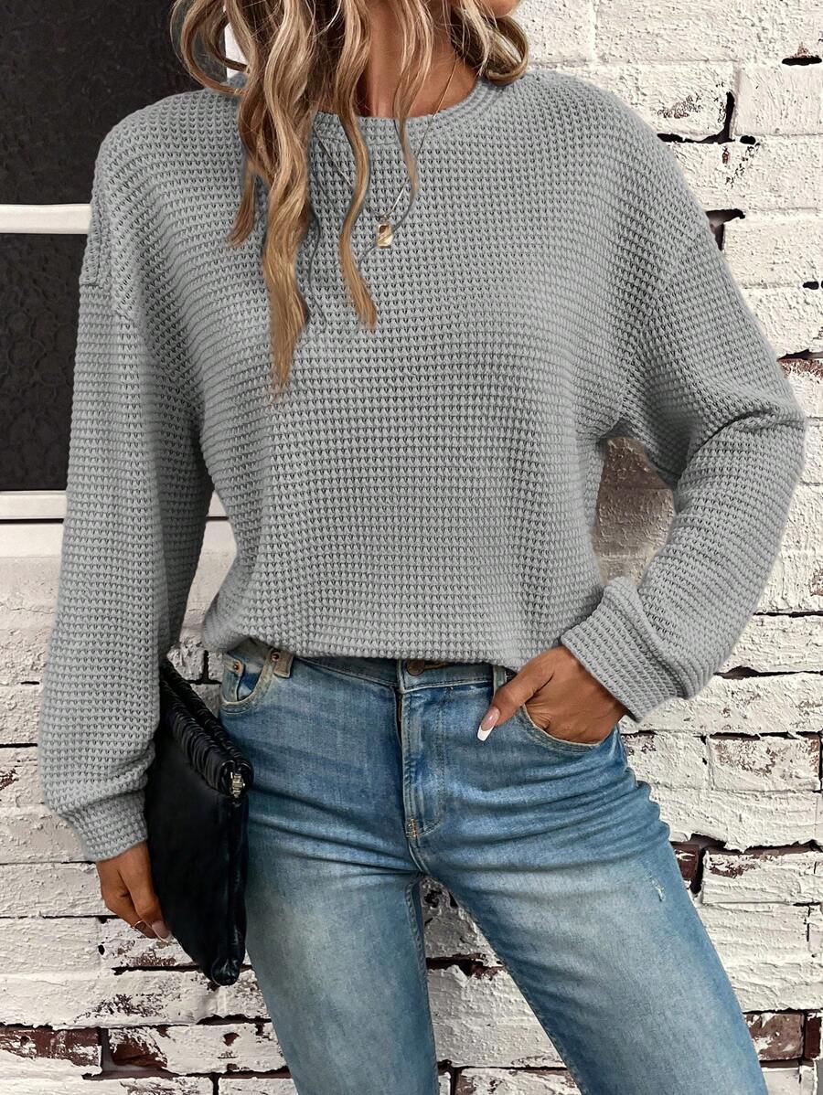 SHEIN LUNE 素色落肩袖華夫格編織運動衫 - 霧霾藍 - 查看 1