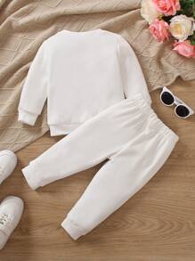 女嬰花卉和標語圖案運動衫和運動褲 - 白色 - 查看 2