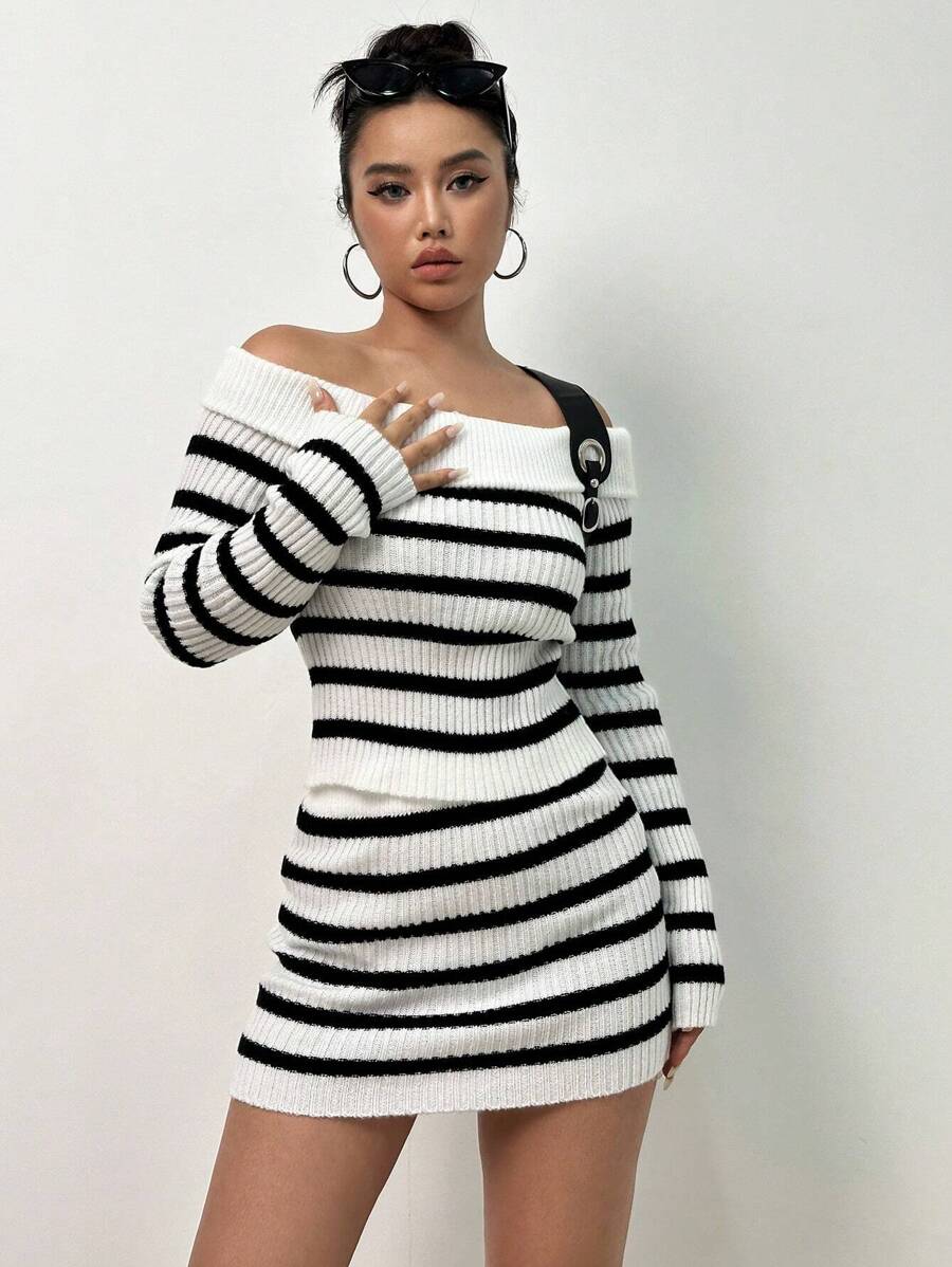 SHEIN Unity Mẫu sọc Off Shoulder Sweater & Knit Skirt - Đen và trắng - Xem 1