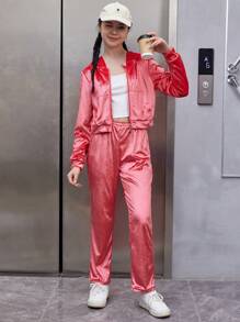 Teen Girl Zip Up Velvet Hoodie & Pants - Hot Pink - View 1