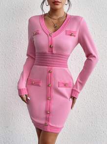 Chiquease Contrast Trim Button Front Bodycon Dress - Pink - View 1