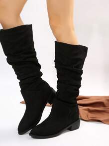 女士时尚一脚蹬褶皱过膝靴一脚蹬设计，舒适透气粗跟优雅百搭及膝靴，适合秋冬季 - 黑色 - 查看 7