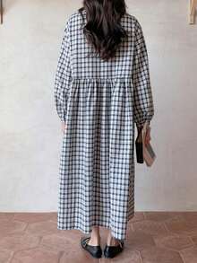 DAZY Vestido smock de guingán ribete con fruncido - Negro - Ver 2