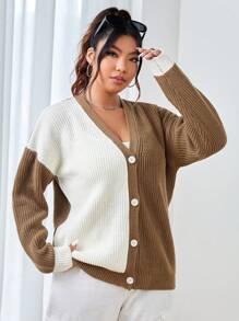 SHEIN EZwear Talla grande Cárdigan de dos tonos de hombros caídos - Marrón - Ver 5