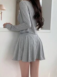 DAZY 纯色褶饰吊带连衣裙和开襟夹克，荷叶边，女式两件套，秋季女装 - 灰色 - 查看 2