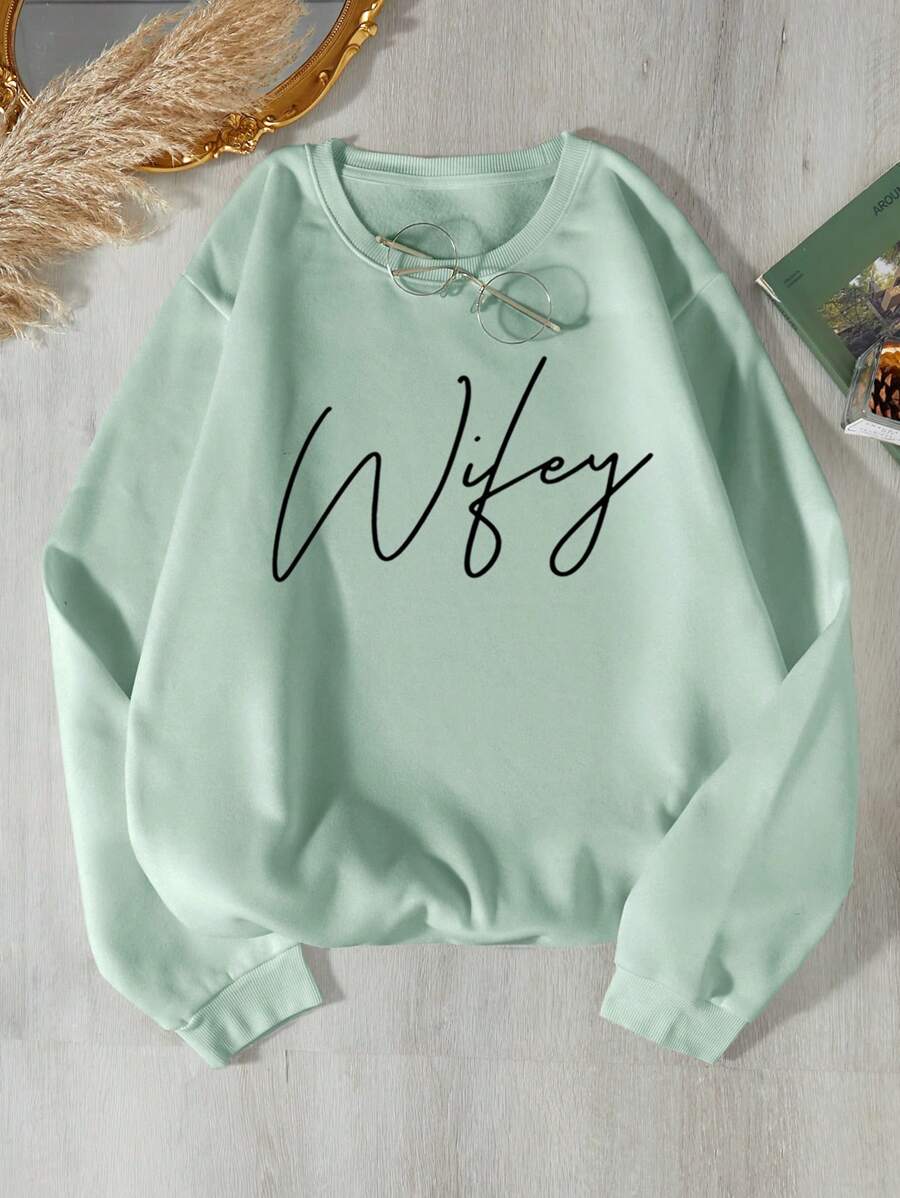 SHEIN EZwear 大碼字母圖案加絨內裏運動衫 - 綠色 - 查看 1