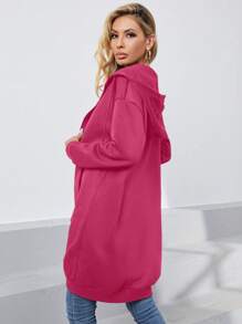 SHEIN Essnce Zip Up Drop Shoulder Drawstring Thermal Lined Hoodie - Hot Pink - View 2