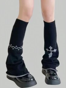 ROMWE Goth 1雙女性十字架圖案撞色腿部保暖套 - 彩色 - 查看 5