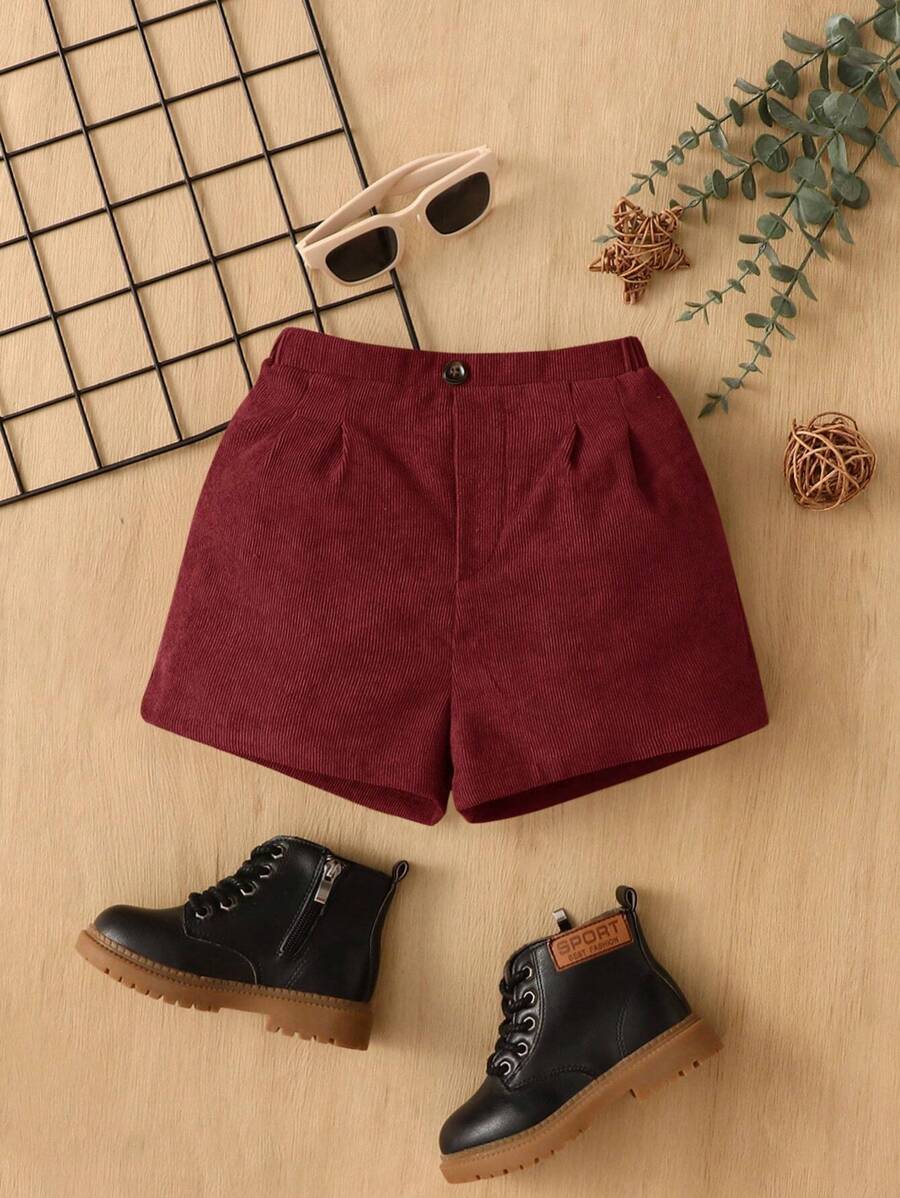 SHEIN Baby Girl Solid Color Elastic Waist Straight-Leg Corduroy Shorts With Front Button - Burgundy - View 1