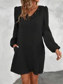 SHEIN LUNE Solid Button Detail V Neck Lantern Sleeve Dress - Black - View 1