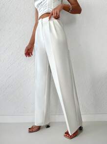 RueChic Solid Zipper Fly Straight Leg Pants - White - View 4