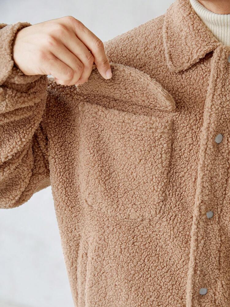 Loose Fit Men's Flap Pocket Drop Shoulder Teddy Jacket, For Fall Winter