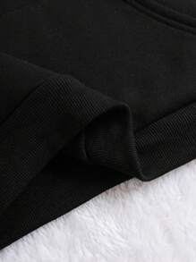 SHEIN EZwear 袋鼠口袋抽绳保暖内衬连帽衫，长袖上衣 - 黑色 - 查看 6