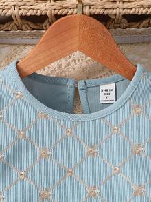 SHEIN Young Girl Embroidery Gather Sleeve Belted Dress With Hat - Grey - View 4